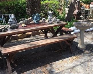 Picnic Table w/ Two Long & Two Short Benches, Bird Bath, Lawn Statuary...Turtles, Gargoyles, Frog, Gnome, Mushroom