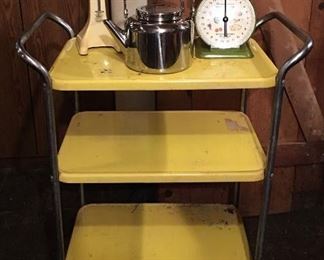 Yellow COSCO Rolling Bar Utility Cart, Scale; Many teapots in the home, vintage Kitchen Scale. 