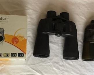 Kodak Easy Share V1003 in box; Nikon Action Lookout IV Binoculars & Perma Focus 2000.