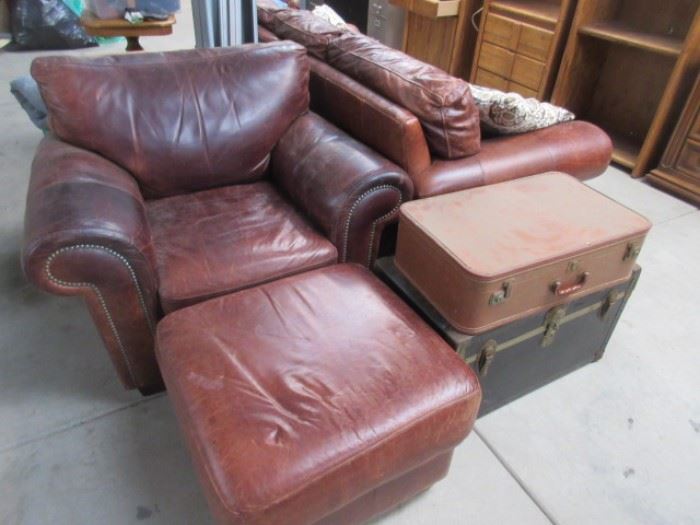 Leather Chair, Trunk, Vintage Suitcase