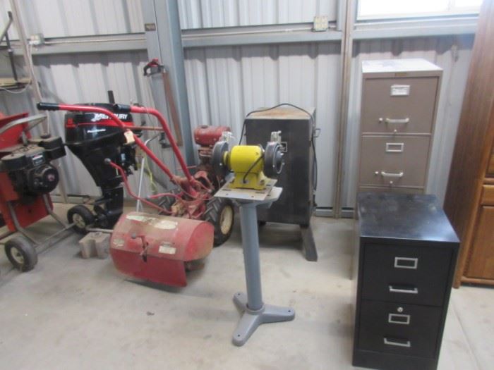 Outboard Motor, large yard equipment, filing cabinets, tools