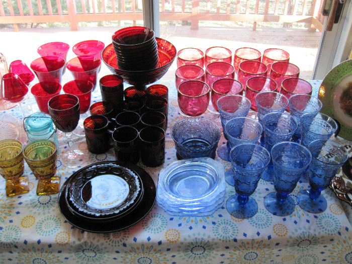 Vintage Glassware,  Blue Depression Glass, Ruby Red Glass and Plate Set 