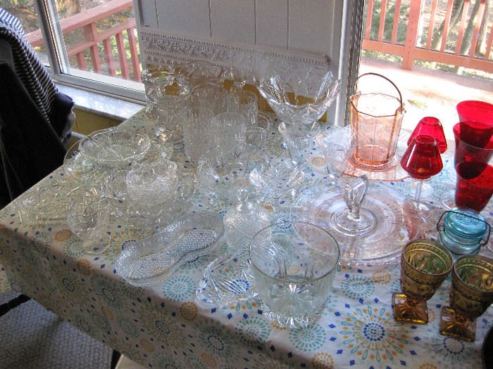 Pink Depression Glass, Clear Glassware, some Waterford, and Rosenthal Bowl, Serving pieces