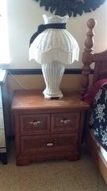 Thomasville Bedside Table, White Wicker Lamp