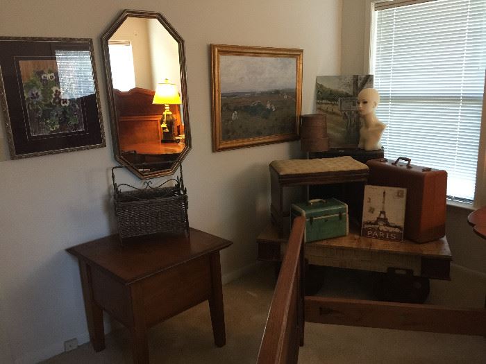 Oak side tables, trunks, a great coffee table with metal wheels, railroad style piece! Prints, mirrors, suitcases