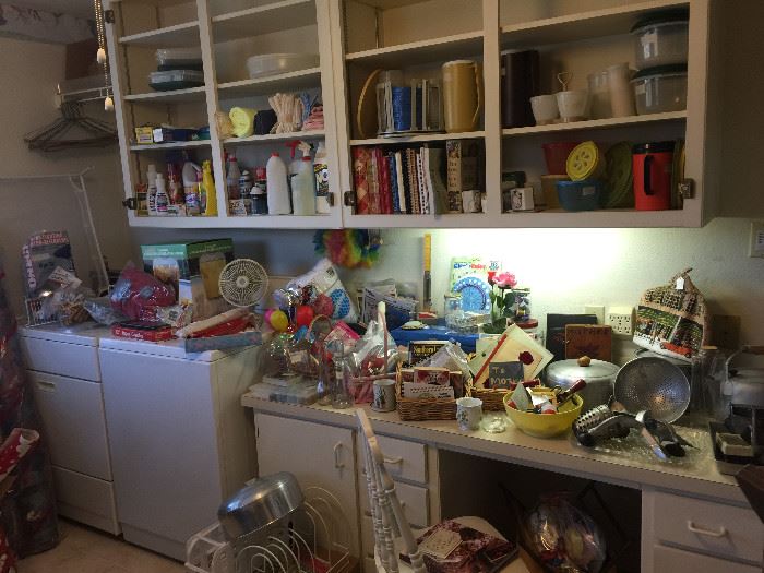 Lots of kitchen items, sewing and craft.  Cook books and washer and dryer