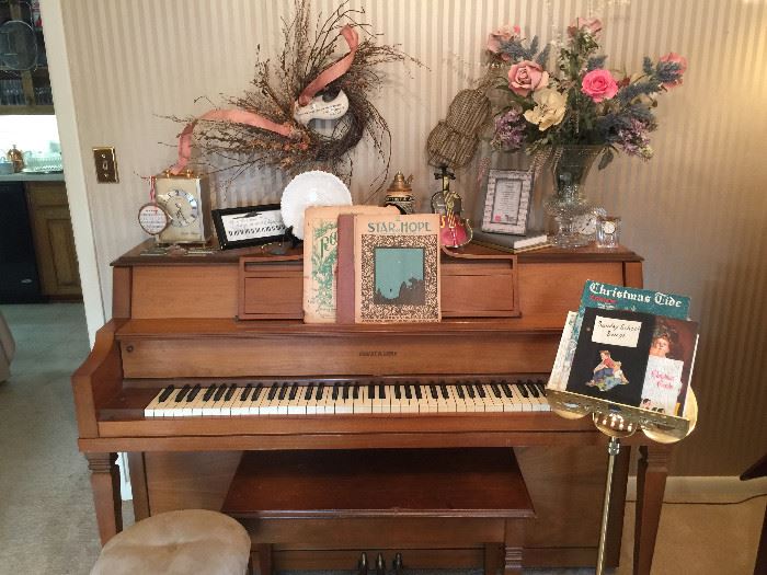 Wonderful Hobart M. Cable Piano with Stool, lots of sheet music and books