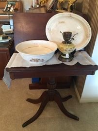 Antique folding side table, vintage platter bowl and lamp