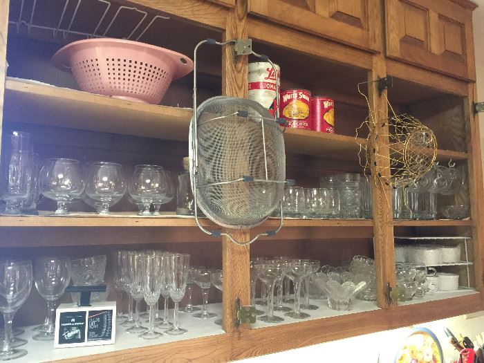Vintage glass ware, tins, etc.