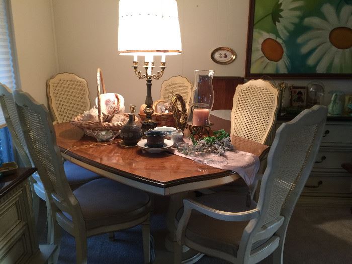 French Provincial Dining Table with two leaves and custom pads, also six chairs