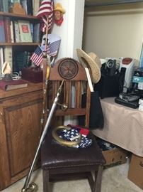 Great chair with leather seat and accent, brass arrow window rod, flags, 