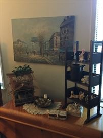 Small shelf, with vintage salt and pepper collection, bird cage, perfume collection and art work