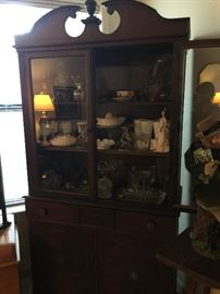 China cabinet, full of milk glass, ruby glass and collectables