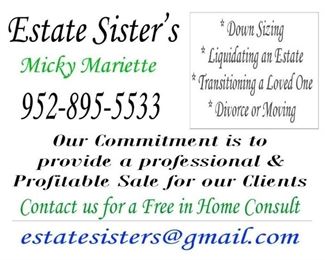 Full Service Professional Estate Sales Company
As a full service, Professional Estate Sales company, Estate Sisters provides turnkey services for those needing to liquidate their property due to death of a parent or spouse, relocation, divorce, or downsizing.

We are a Professional Estate Sale company working in the South Metro Area. Burnsville, Eagan, Apple Valley, Prior Lake, Shakopee, Bloomington, Richfield, are just a few of the areas in which we do sales.

From large estates to moderate size homes, Estate Sisters can help you with your Estate Sale needs.