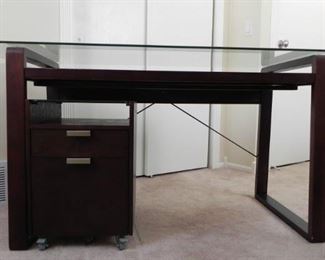 GLASS TOP DESK WITH FILE CABINET ON WHEELS
