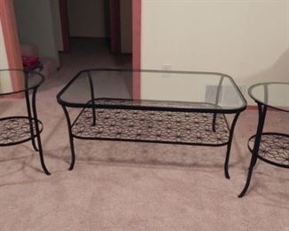 3 - PC IRON AND GLASS COFFEE TABLE AND 2 END TABLES