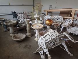 Tree Circle Bench. Patio Table/Chairs. Cement Statuary. Metal Benches.