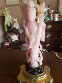 Pair Rose Quartz oriental figurine lamps