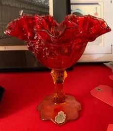 Fenton Pedestal Dish Rose Ruffled Red	 