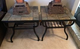 2 Slate Top Iron Frame End Tables PAIR 23x24x24in HxWxD