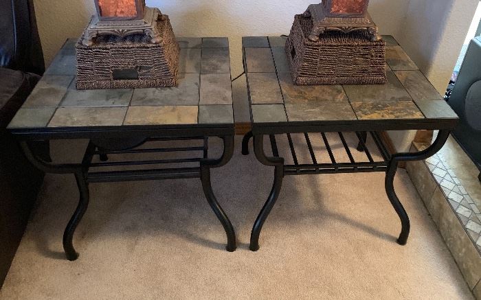 2 Slate Top Iron Frame End Tables PAIR 	23x24x24in	HxWxD