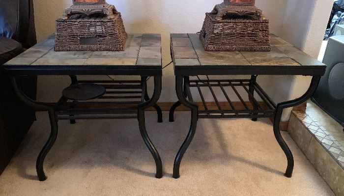 2 Slate Top Iron Frame End Tables PAIR 	23x24x24in	HxWxD