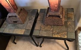 2 Slate Top Iron Frame End Tables PAIR 23x24x24in HxWxD