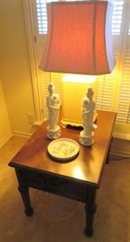 VINTAGE END TABLES WITH BLANC DE CHINE GUANYIN