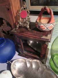 Native American Pottery, Antique Oak Desktop Lock Box & Pocket Watch Holder