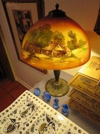 Stunning Antique Cast Iron Table Lamp with Painted Shade