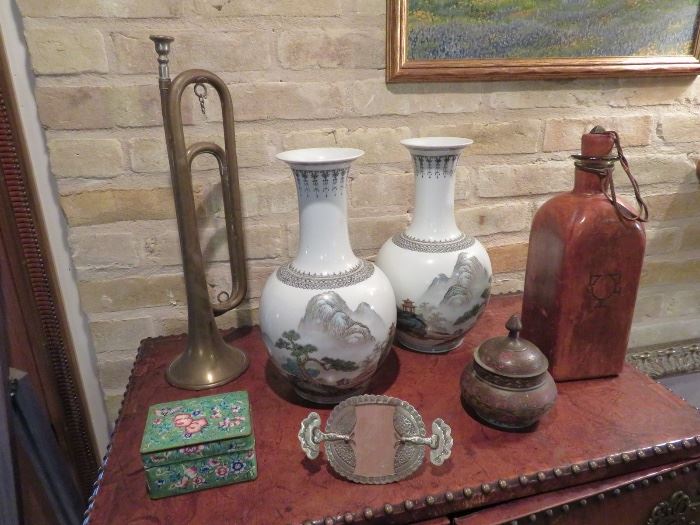 Chinese Porcelain Vases, Italian Leather Decanter, Chinese Enamel Box, Bugle & So Much More!