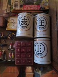 hilarious vintage ceramic opium, heroin and marijuana novelty jars