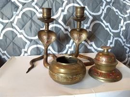 Brass cobra candleabra, elephant bell, bowl