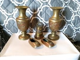 Brass urn style vases, cow dinner bell, pair of shoe ashtrays