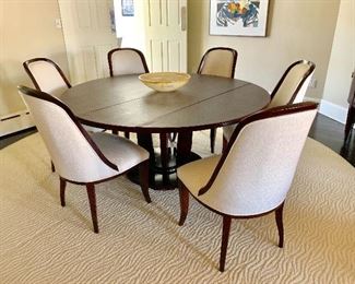 6 Williams Sonoma dining chairs; Baker / Barbara Barry  pedestal dining table with table pads