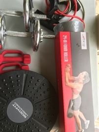 Exercise dumbells, resistance bands, balance board and foam roller