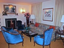 LOVELY 4 PIECE LIVING ROOM,HAND PAINTED AND CARVED ASIAN TABLE ORIGINALLY PURCHASED FROM B.ALTMAN, SIGNED STEPHANOS SIDERIS OIL PAINTING, MANTLE CLOCK, PEDESTAL, WITH LARGE ASIAN FISH MOTIF URN