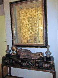 LARGE FRAMED MIRROR, RECLINING ASIAN FIGURE, ENAMELED BRASS VASES, HINGED, HAND PAINTED CHEST