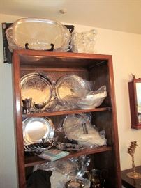 STERLING AND SILVER PLATE TRAYS, CHAFING DISHES, CREAMER AND SUGAR,CANDELABRA  MANY IN ORIGINAL PACKING, NEVER USED