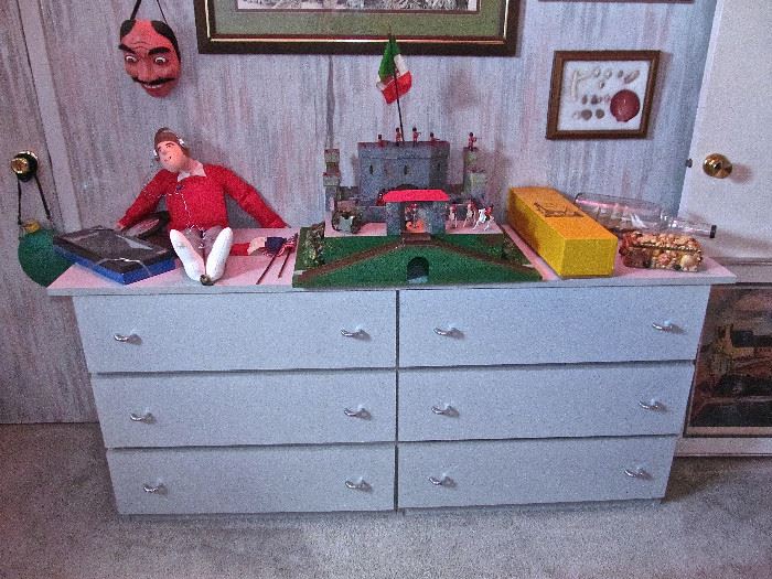 DRESSER, SHIP IN A BOTTLE, WOOD BOAT KIT, MID-EVIL CASTLE WITH FIGURES, ORIGINALLY PURCHASED AT FAO SCHWARTZ( ORIGINAL BOX INCLUDED), COOL HEAD PHONE GUY