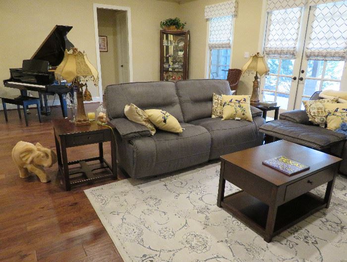 Power reclining sofa, end tables, lamps, accent pillows