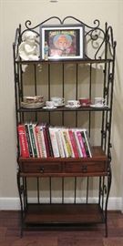 Baker's rack, teacups, cookbooks