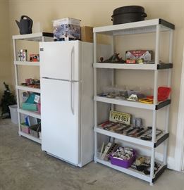 Garage shelves, refrigerator