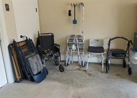 Card table with chairs, wheelchair, walkers