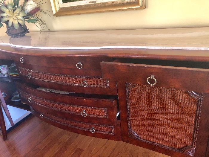 Matching "Furnitureland South" Server/Buffet with Travertine Top and Woven Front.       (74"W  25"D  39-1/2"H)  - $695