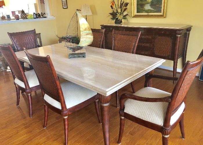 Formal Dining Table with Travertine Top, 4 Woven-back Side Chairs, 2 Woven-back Arm Chairs, (44"W  83-1/2"L  29-1/2"H) Made in HIgh Point, NC - $1,450