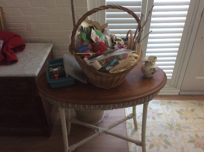 Very unusual oval table, basket of sewing basket