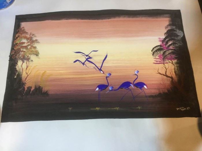Cranes at Sunset, Original Pigment on Paper