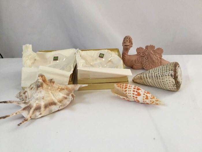 Small Japanese Dip Bowls, Hand Built Clay Figure, and Sea Shell Assortment