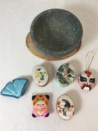 Stone Bowl, Decorative Boxes, Sewing Kit, and Money Holders